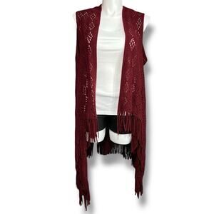 Maurices Womens Long Open Front Sleeveless Crochet Cardigan Duster Fringe Boho